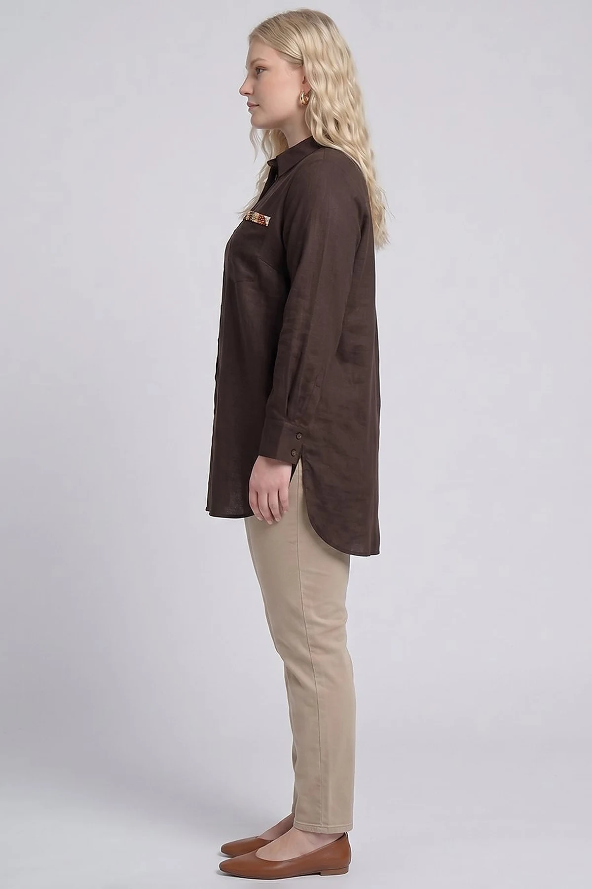Beaded Linen Lyocell Tunic Dark Brown