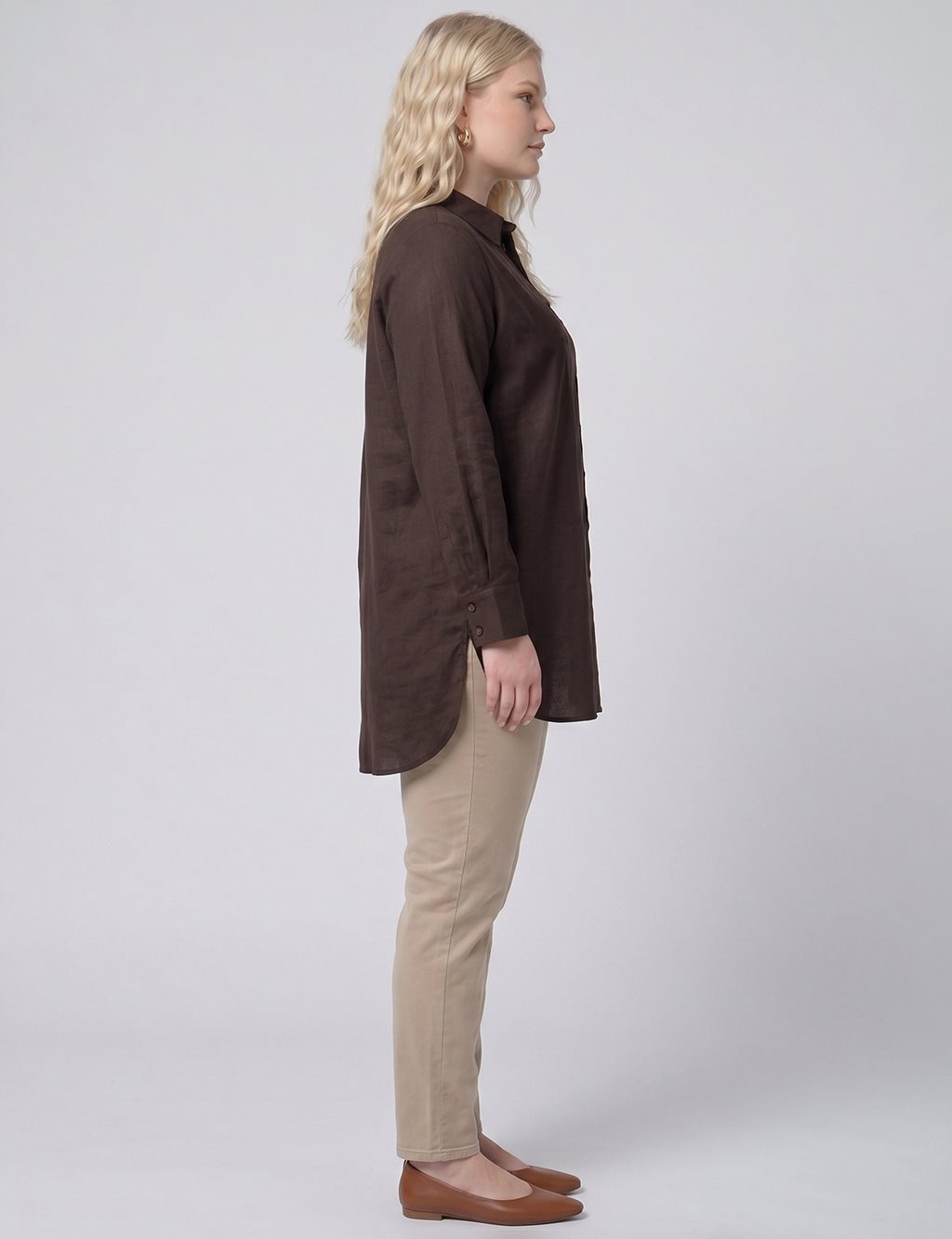 Embroidered Detail Linen-Lyocell Tunic Dark Brown