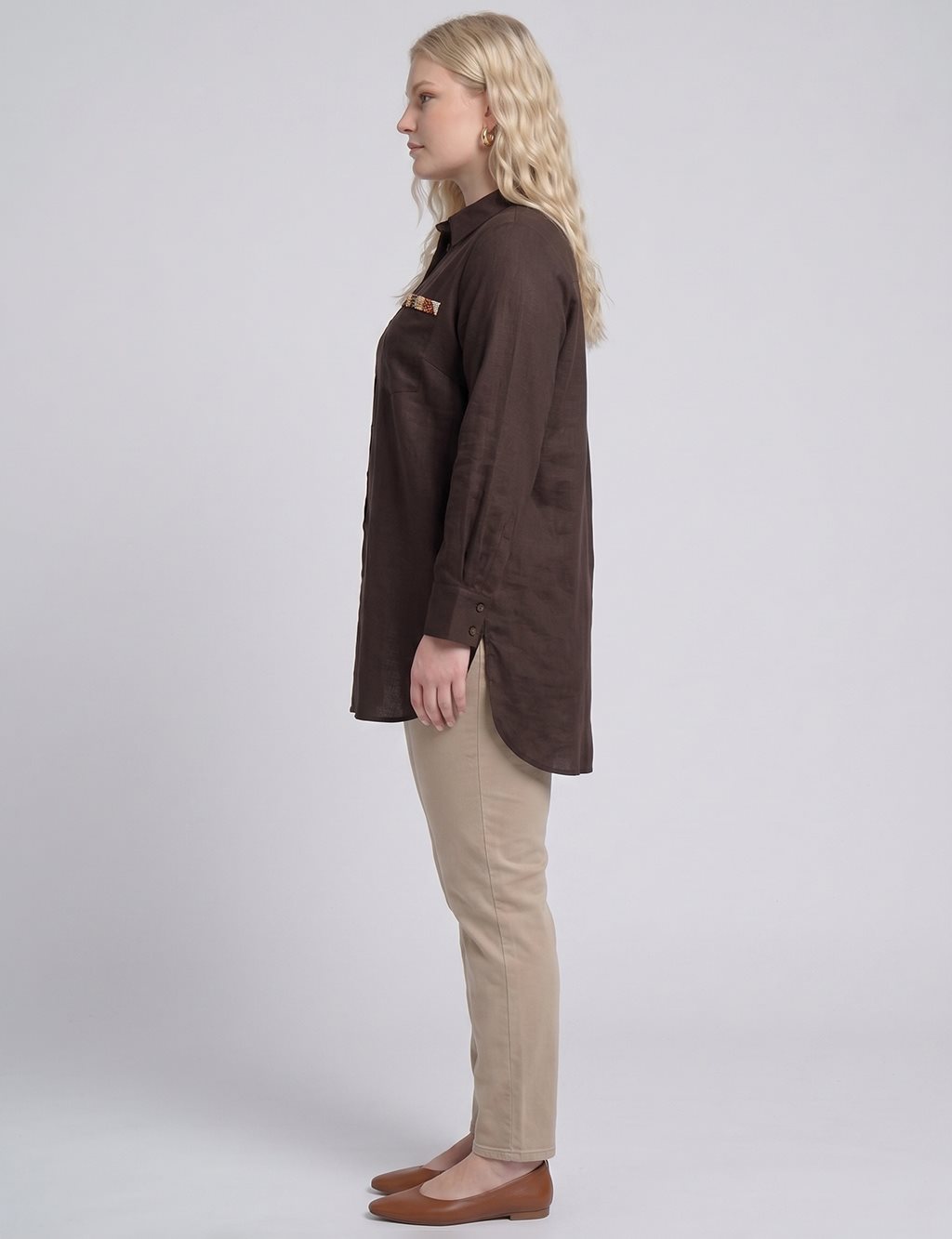Embroidered Detail Linen-Lyocell Tunic Dark Brown
