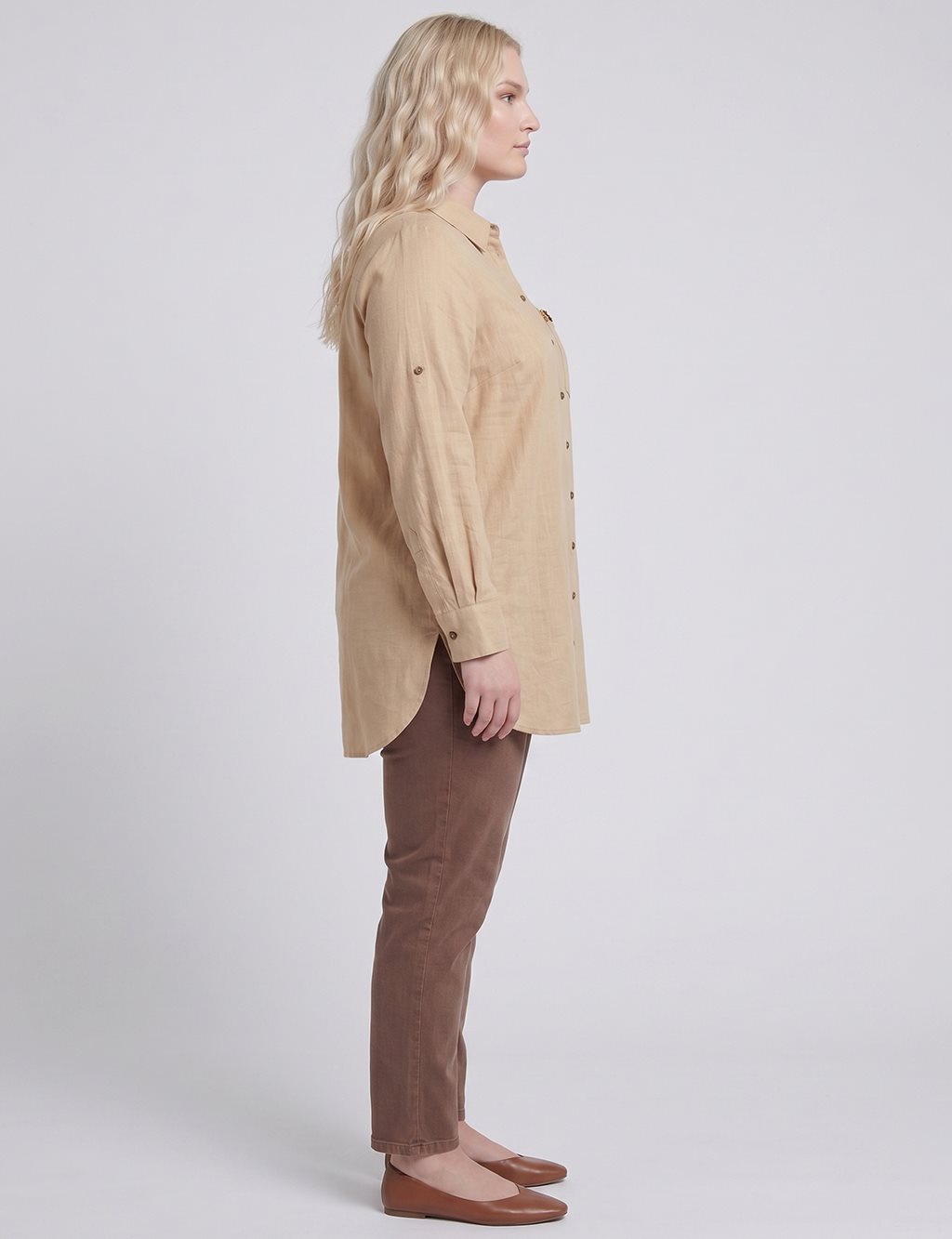 Embroidered Detail Linen-Viscose Tunic Beige