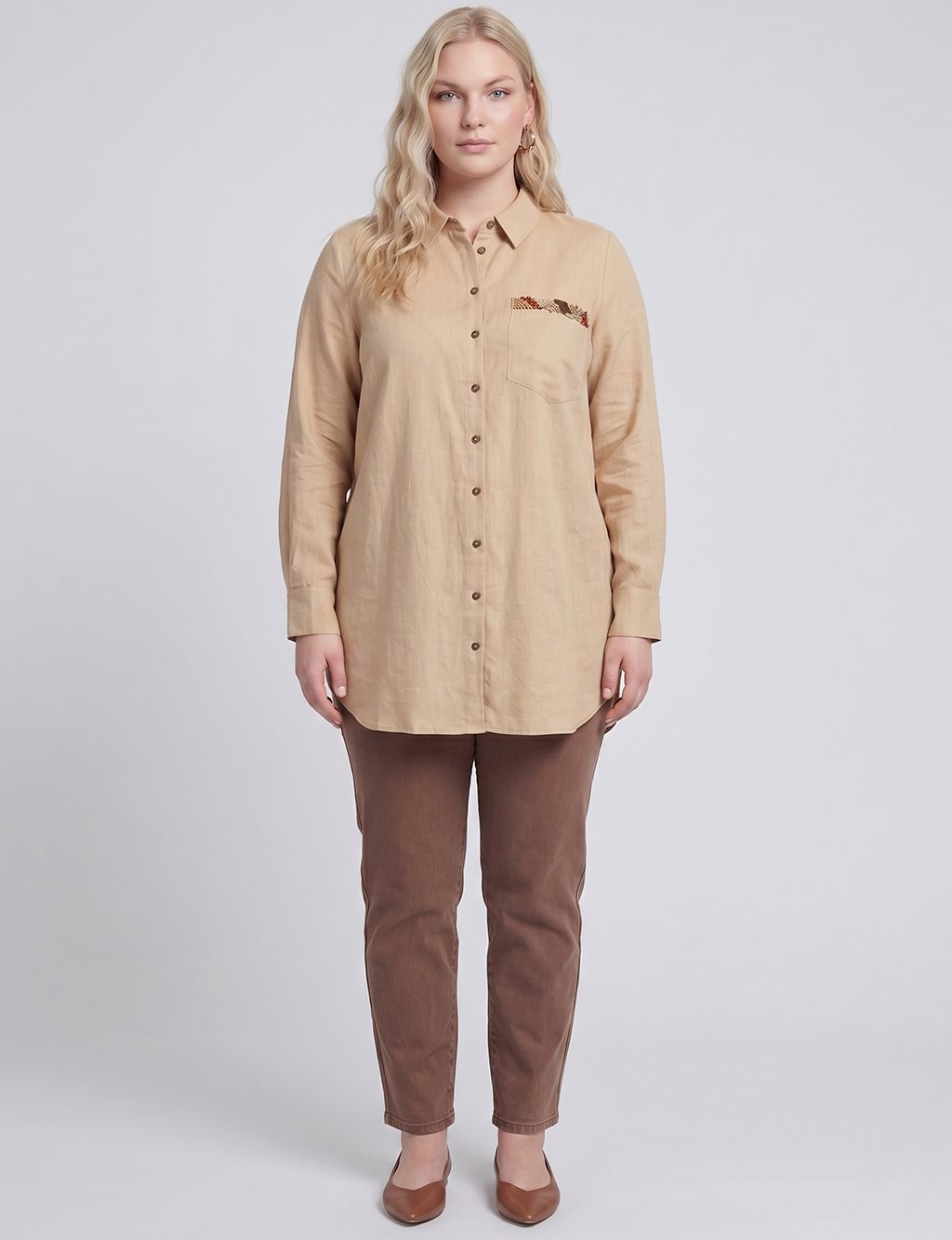 Embroidered Detail Linen-Viscose Tunic Beige