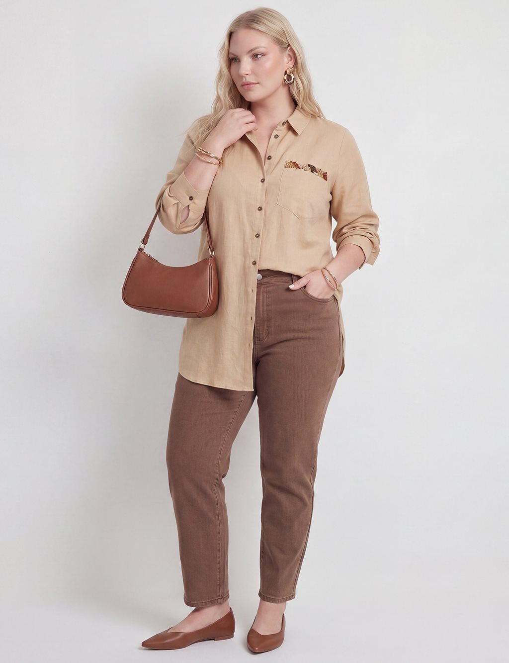 Embroidered Detail Linen-Viscose Tunic Beige