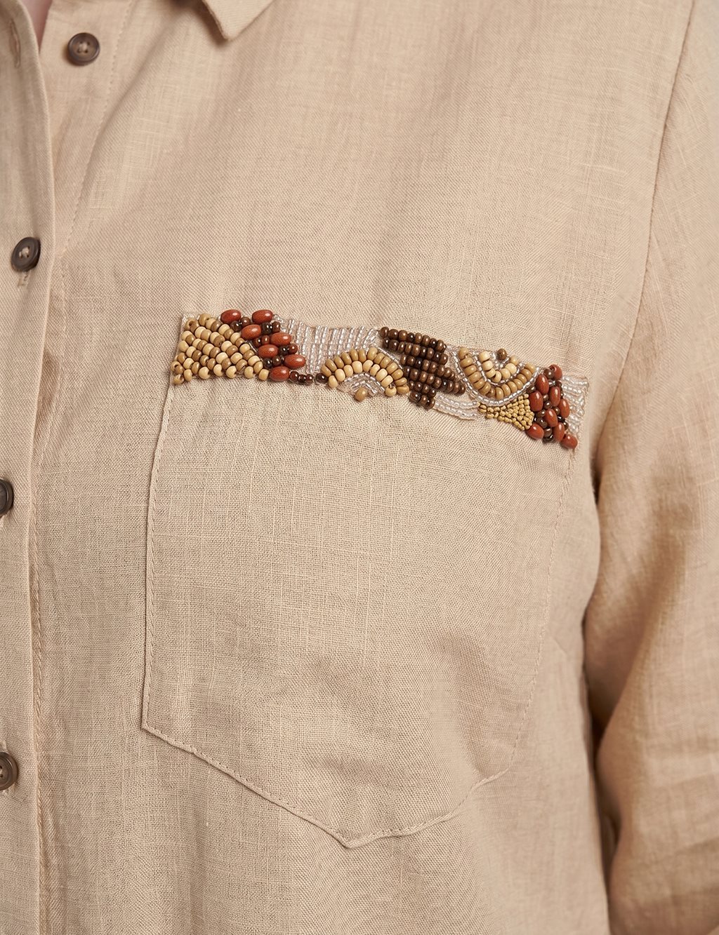 Embroidered Detail Linen-Viscose Tunic Beige