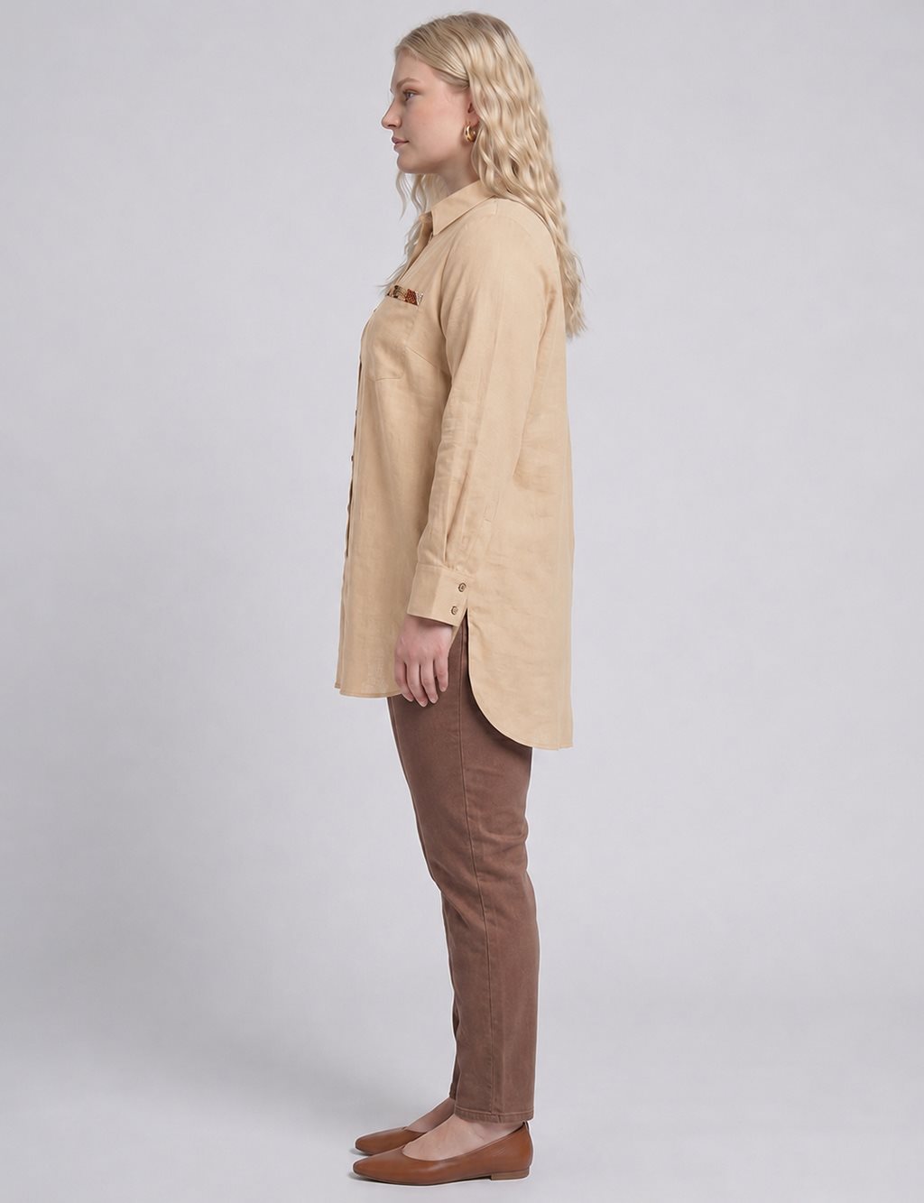 Embroidered Detail Linen-Viscose Tunic Beige