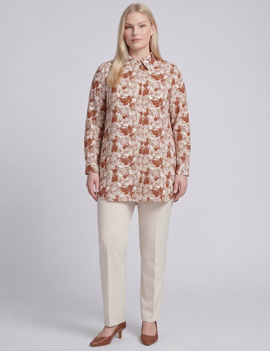 Leaf Print Cotton Viscose Tunic Brown