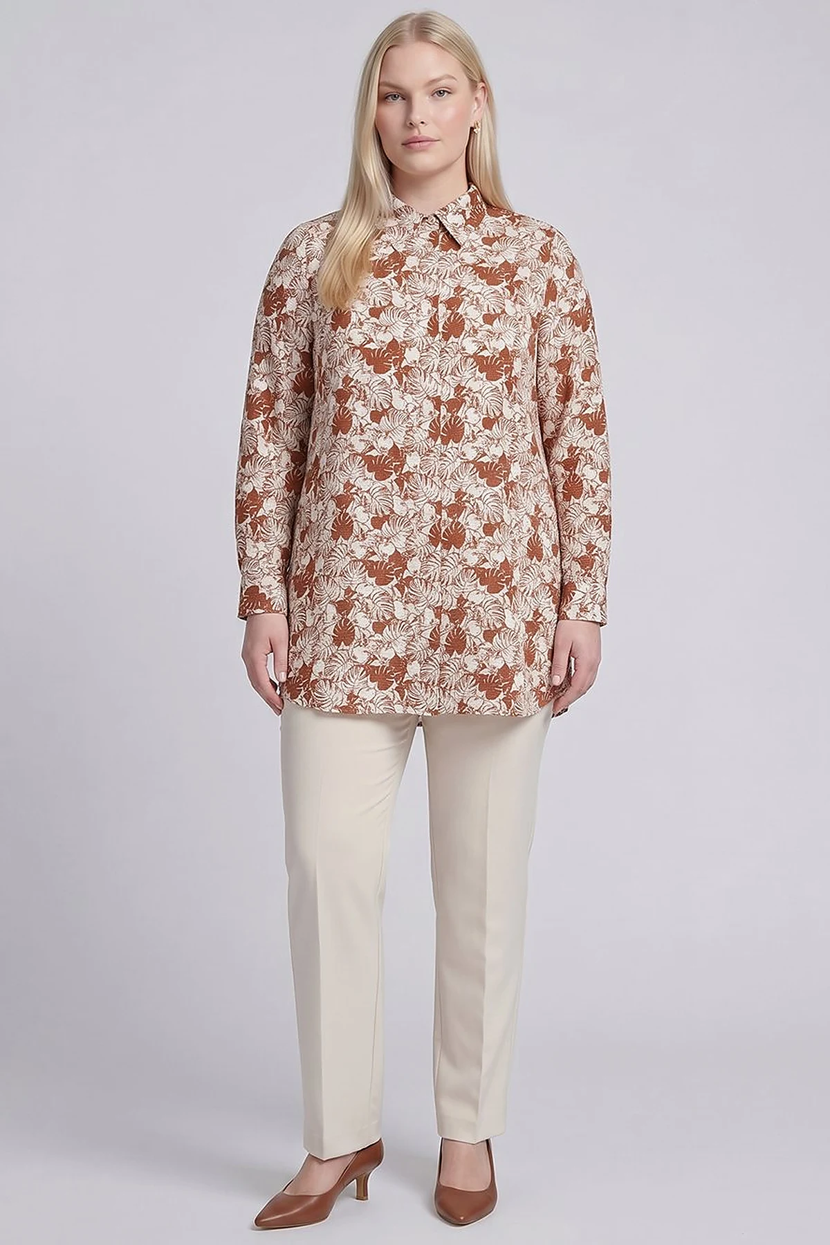 Leaf Print Cotton Viscose Tunic Brown
