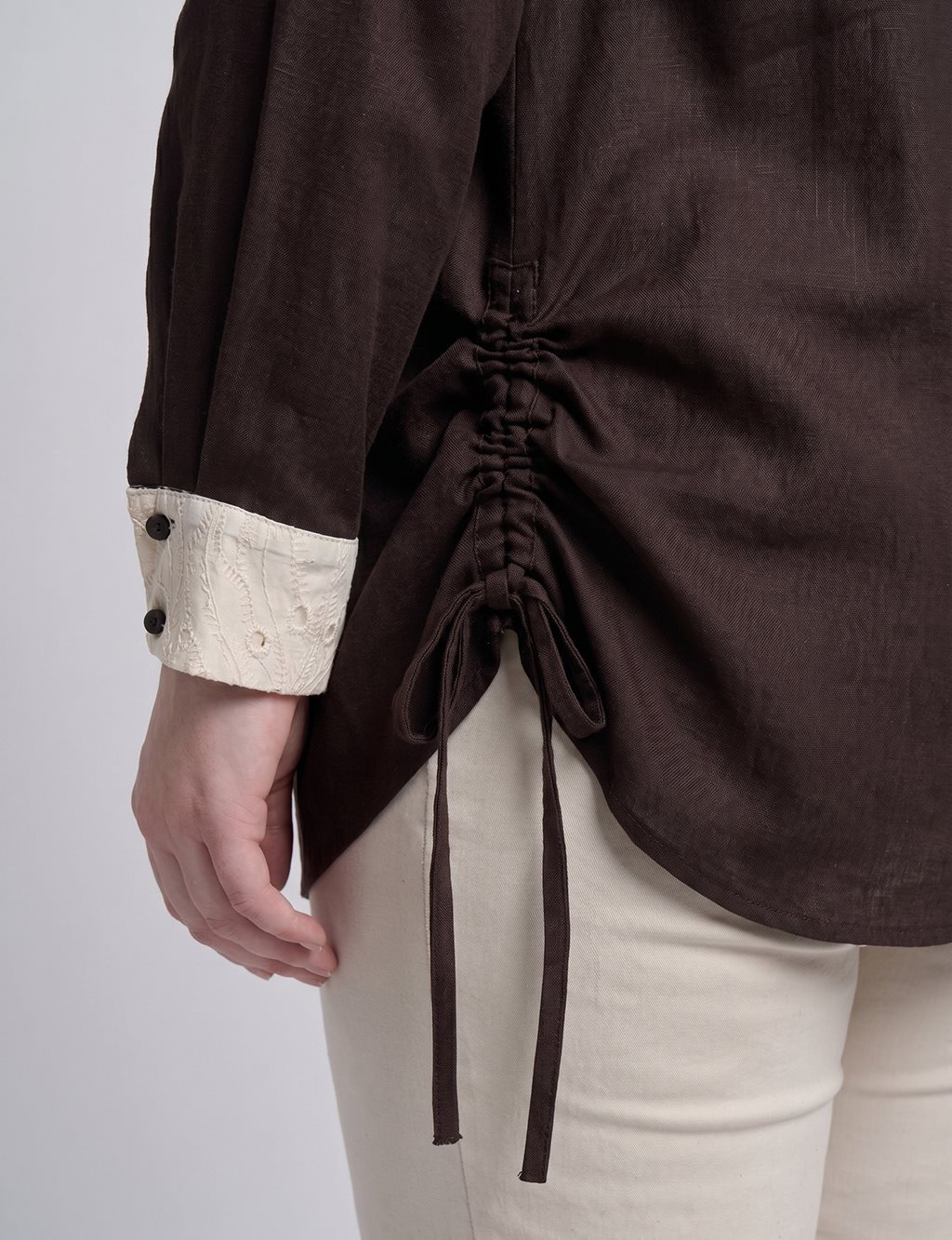 Embroidered Trim Lyocell Tunic Dark Brown
