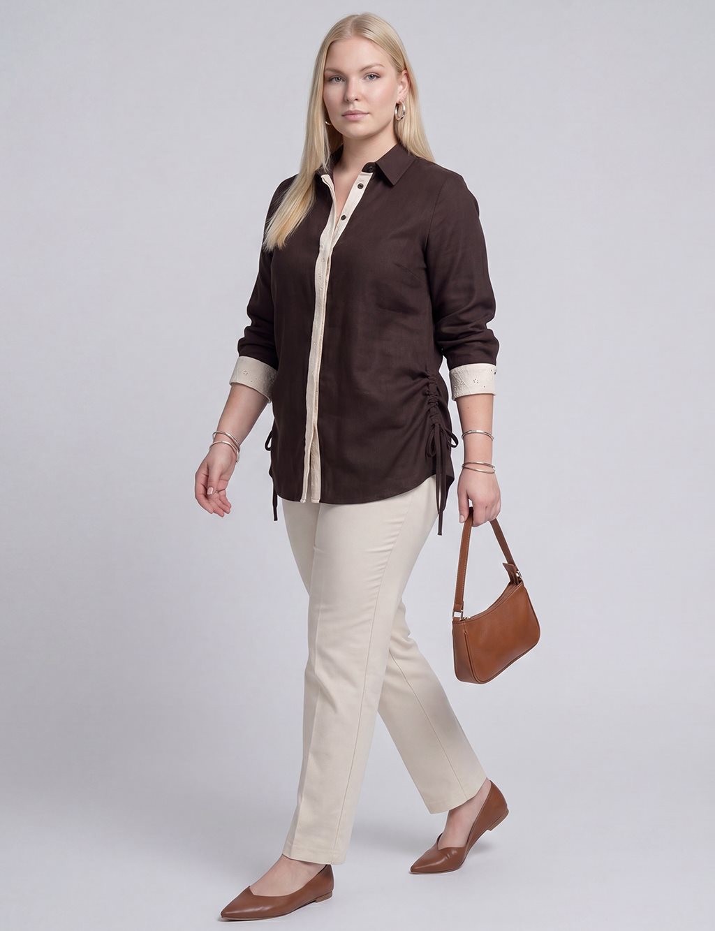 Embroidered Trim Lyocell Tunic Dark Brown
