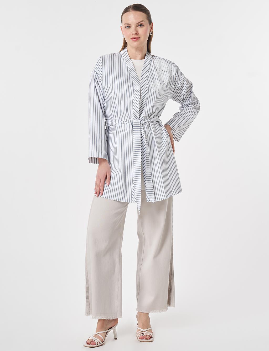 Striped Pattern Belted Kimono Indigo
