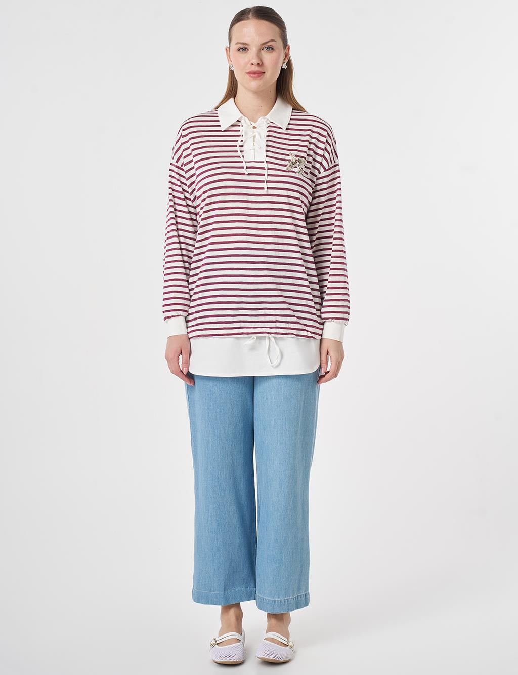 Shirt Detail Knit Sweatshirt Plum