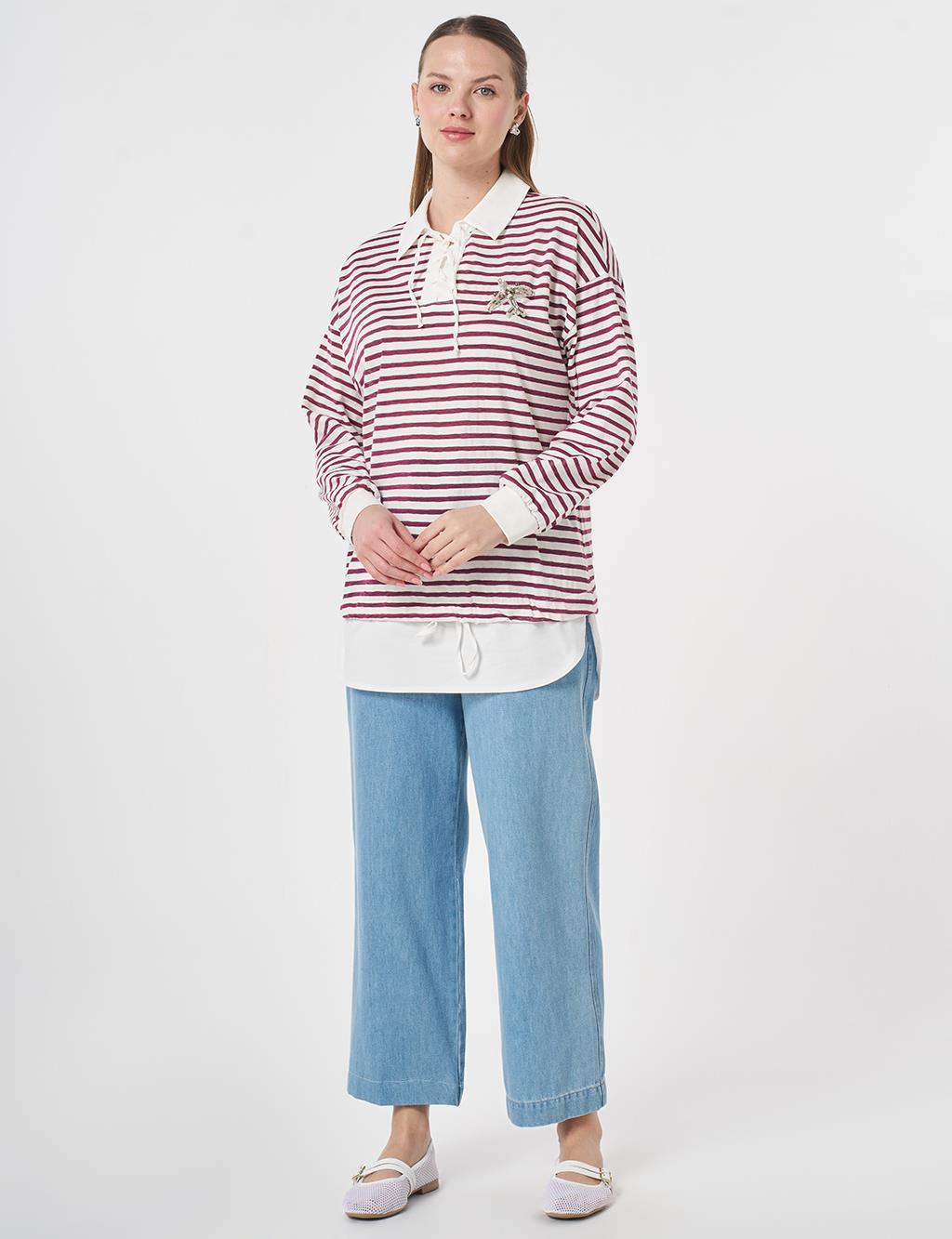 Shirt Detail Knit Sweatshirt Plum