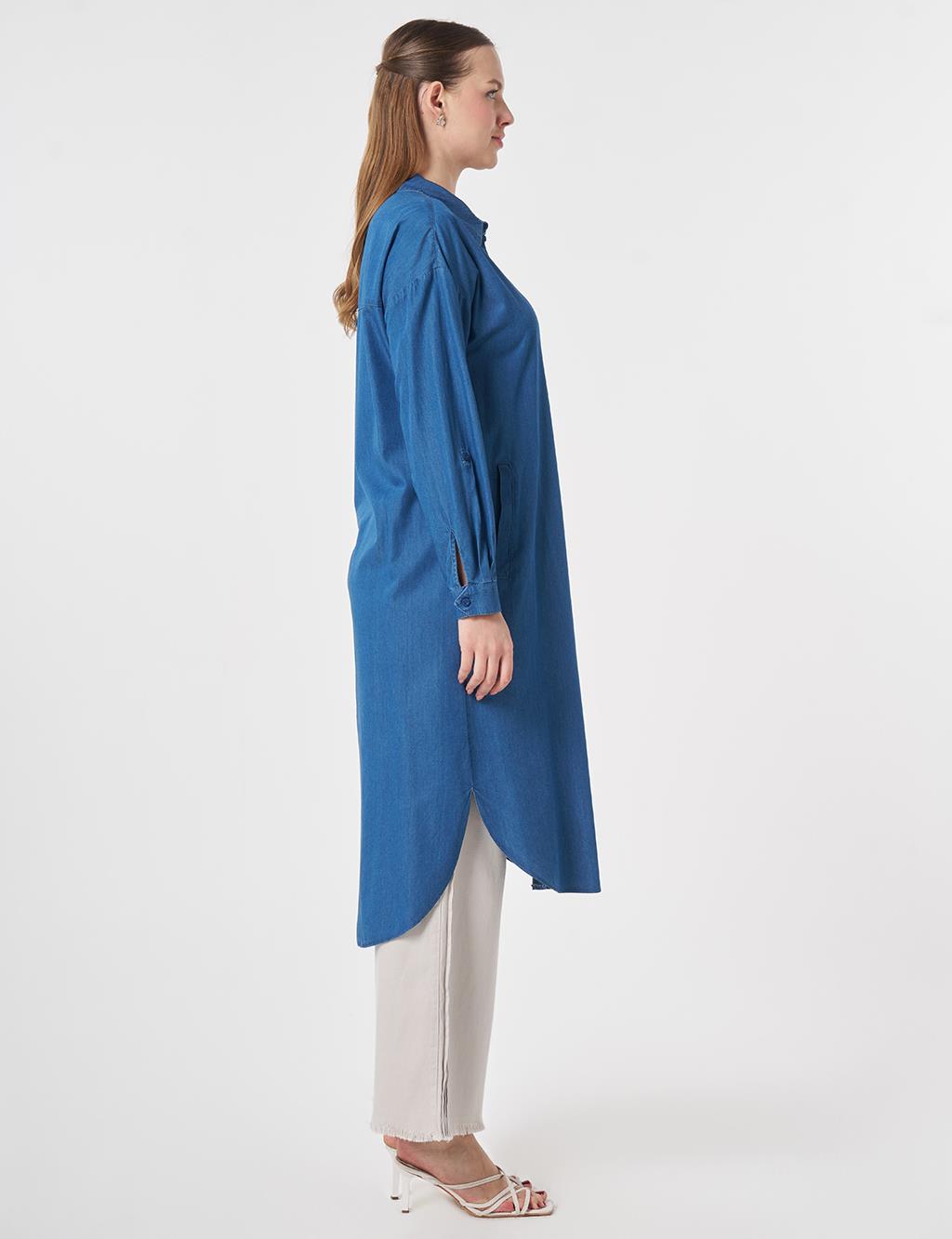 Bağcık Detaylı Denim Tunik İndigo