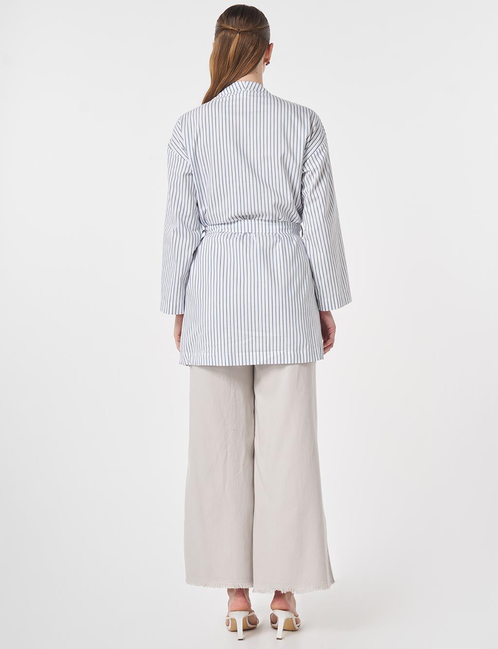 Striped Pattern Belted Kimono Indigo