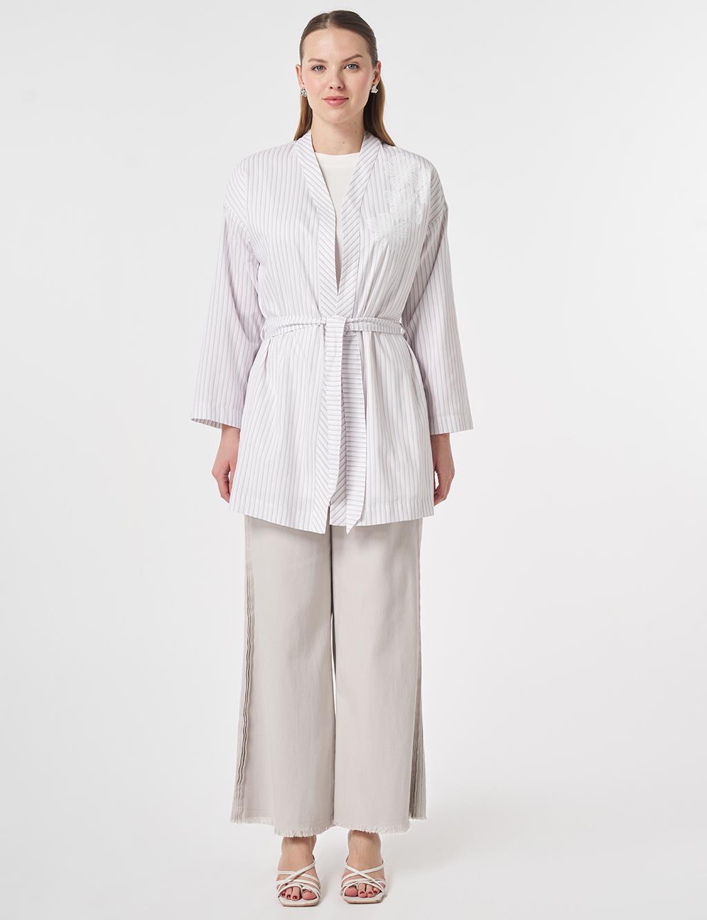 Striped Pattern Belted Kimono Lilac