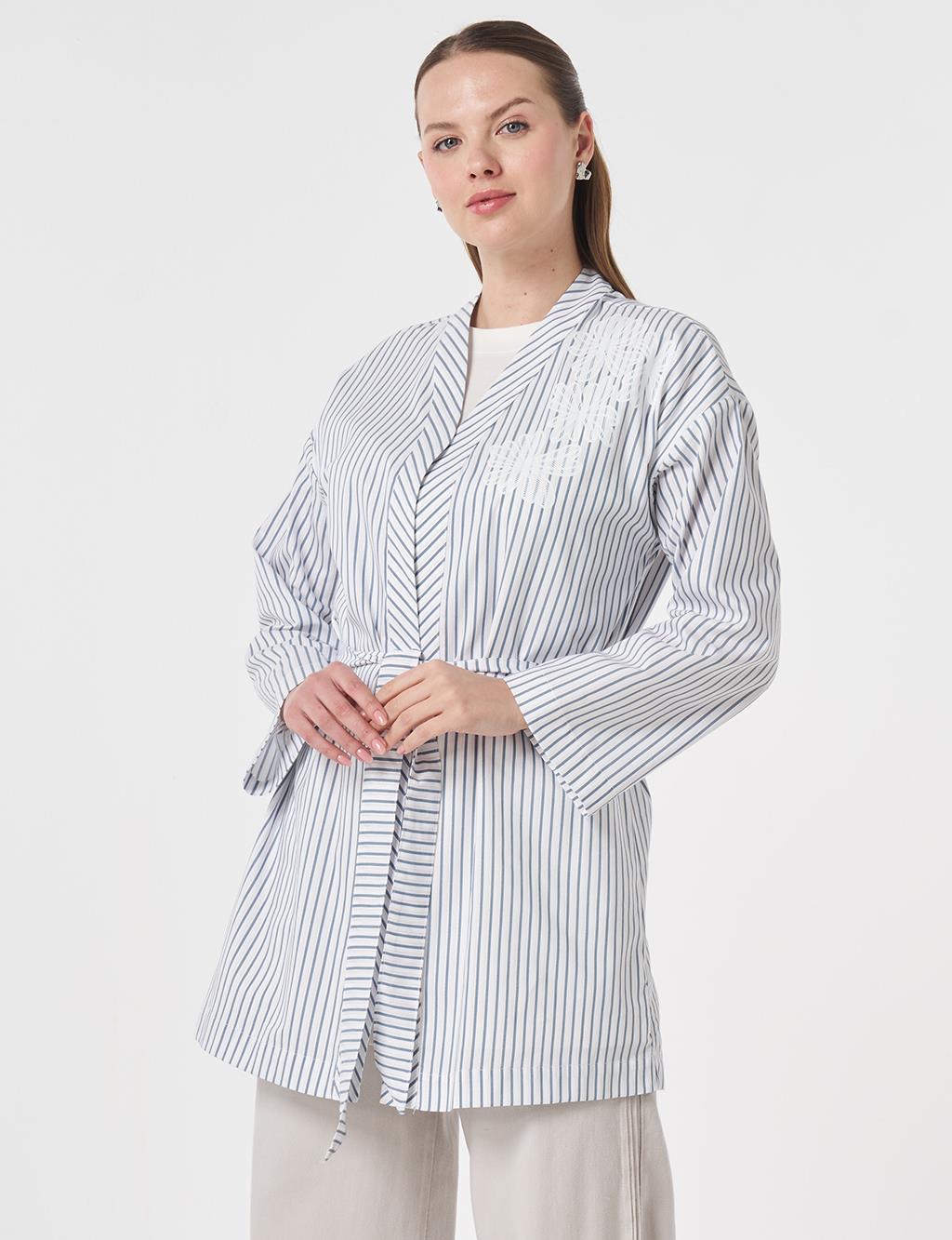 Striped Pattern Belted Kimono Indigo