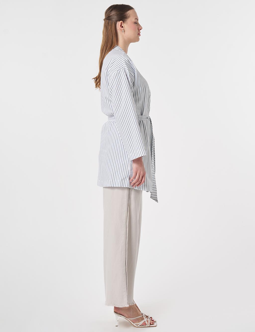 Striped Pattern Belted Kimono Indigo