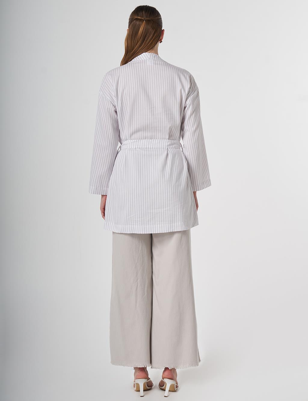 Striped Pattern Belted Kimono Lilac