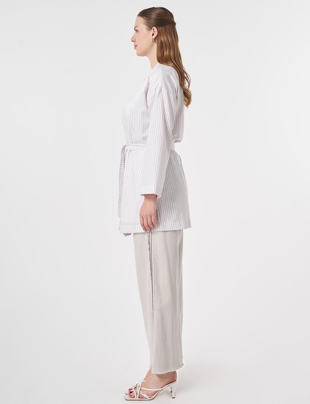 Striped Pattern Belted Kimono Lilac
