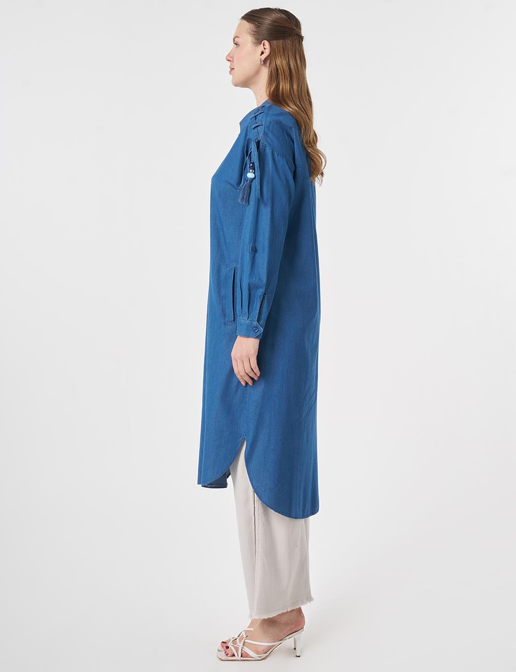 Bağcık Detaylı Denim Tunik İndigo