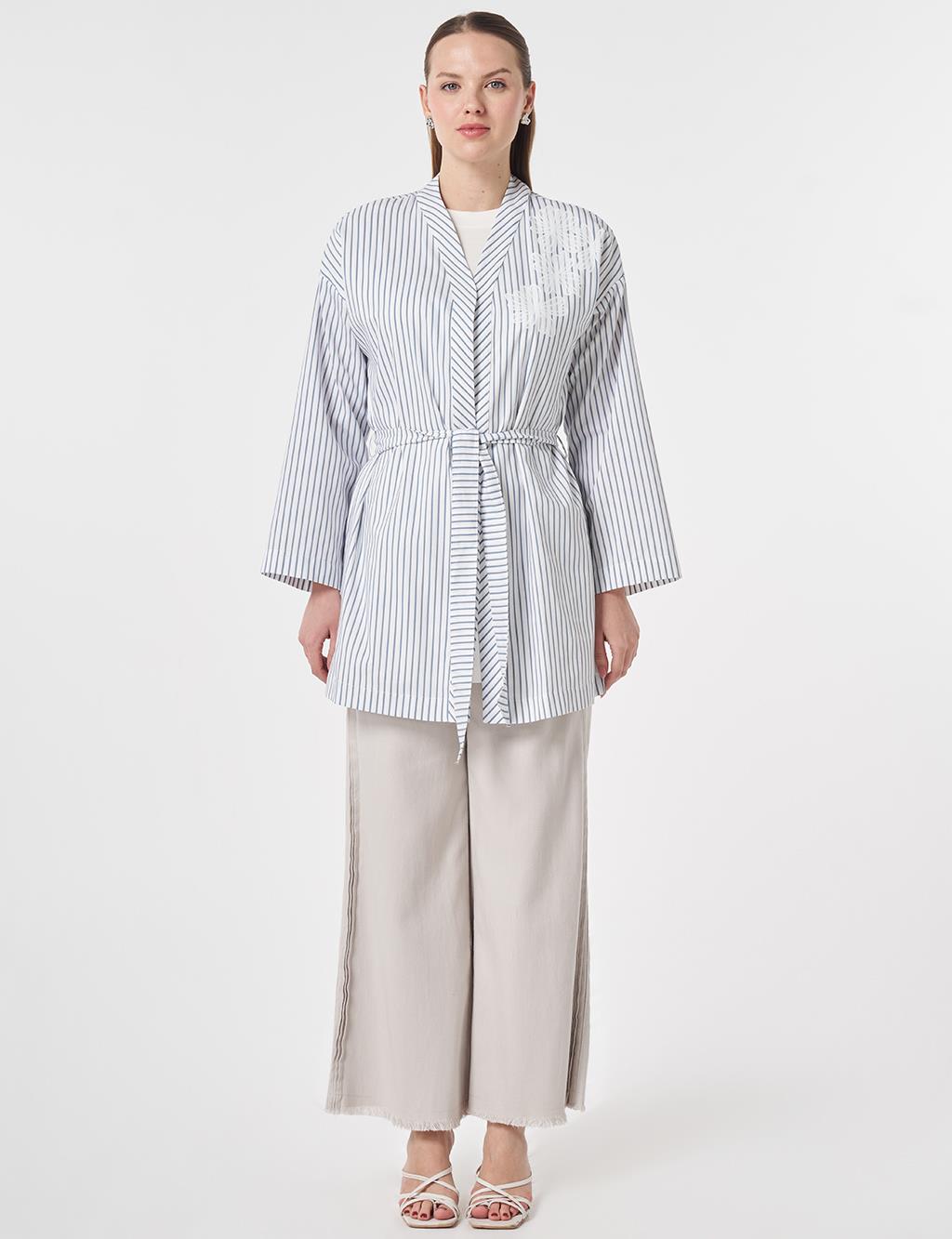 Striped Pattern Belted Kimono Indigo