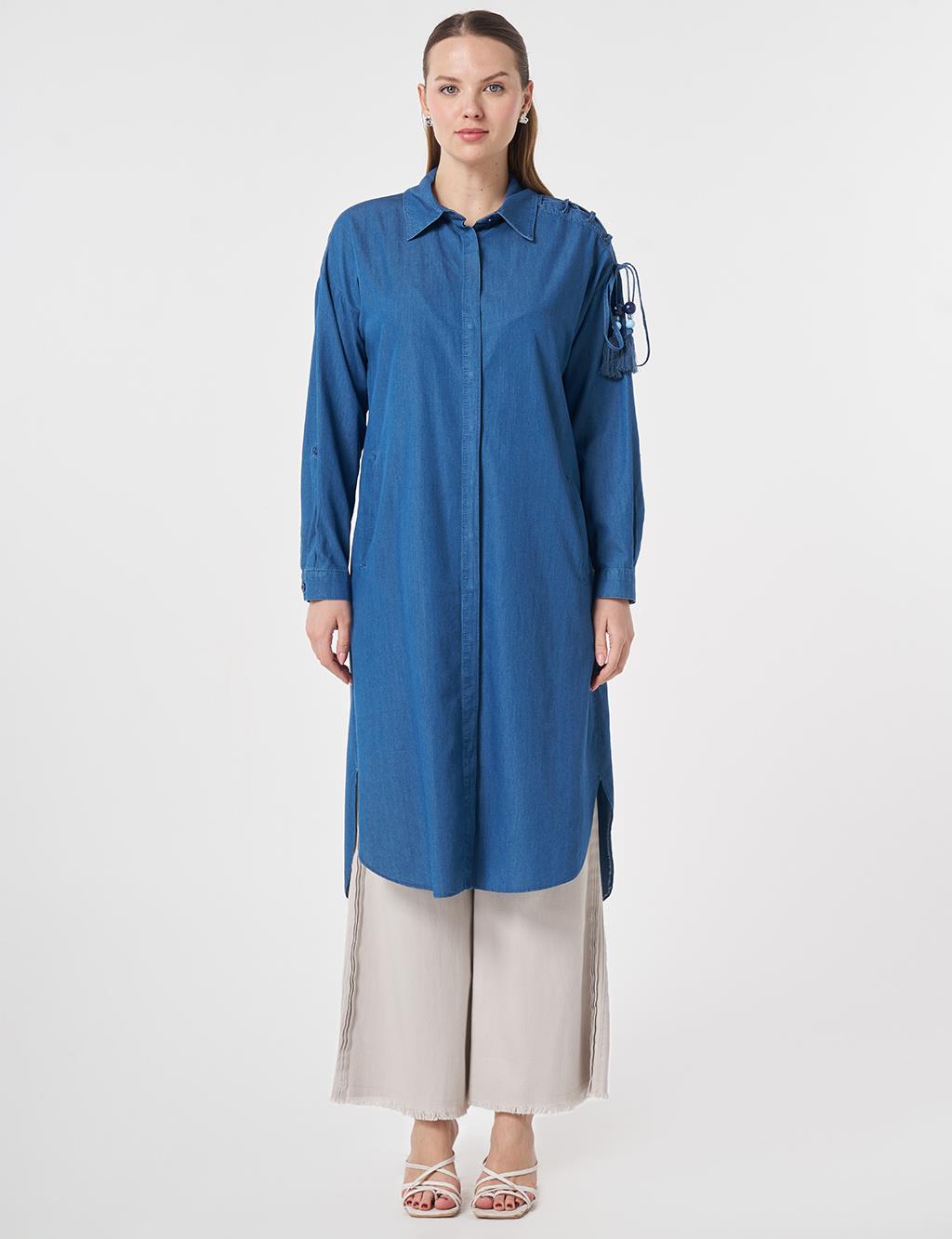 Bağcık Detaylı Denim Tunik İndigo