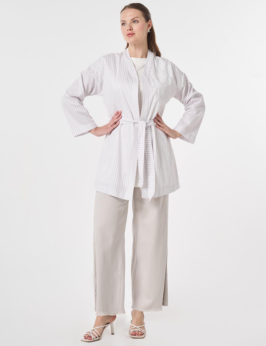 Striped Pattern Belted Kimono Lilac
