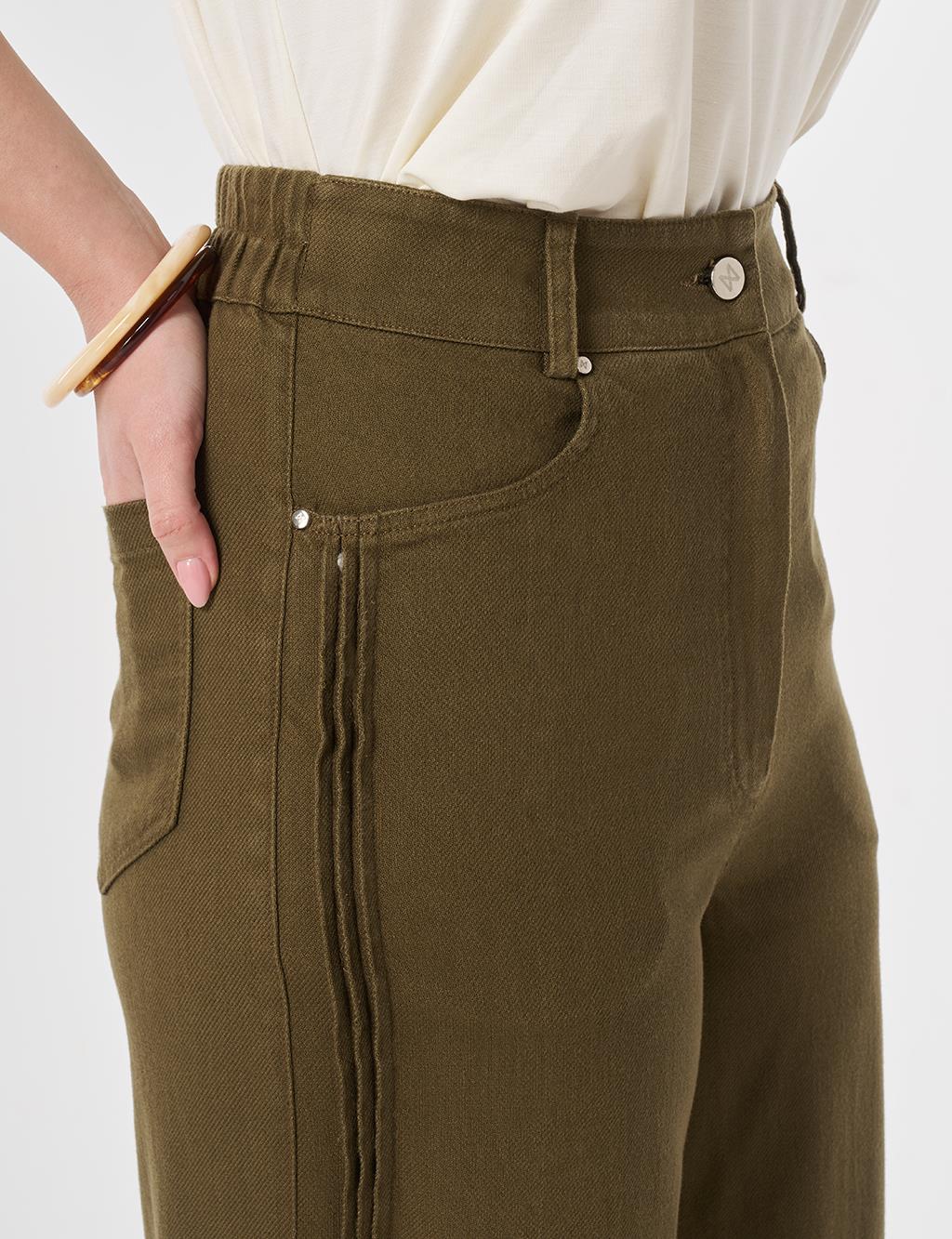 Dikiş Detaylı Non Denim Pantolon Koyu Haki