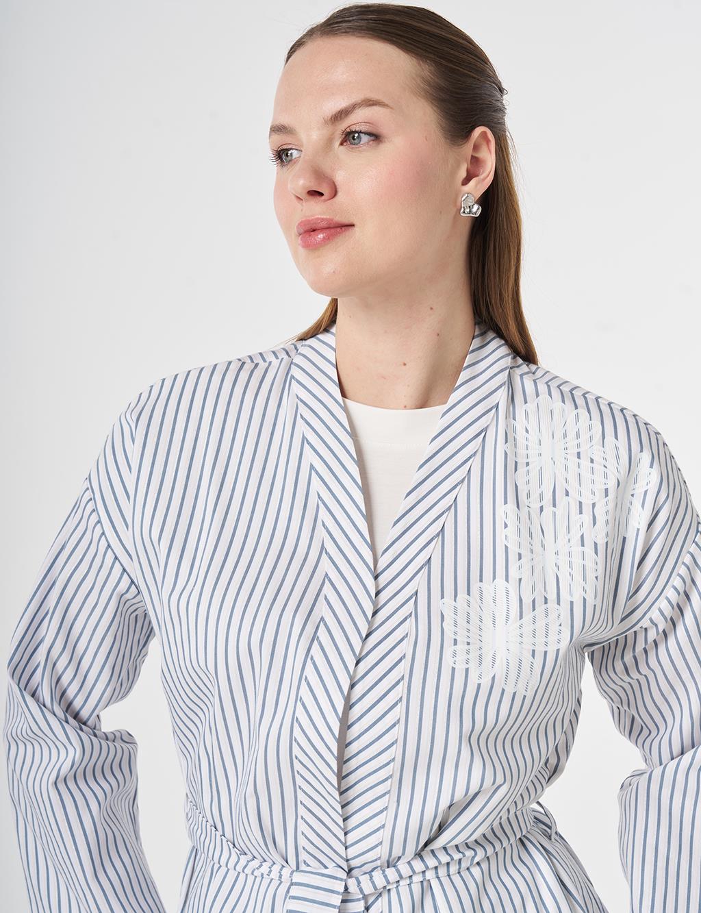 Striped Pattern Belted Kimono Indigo