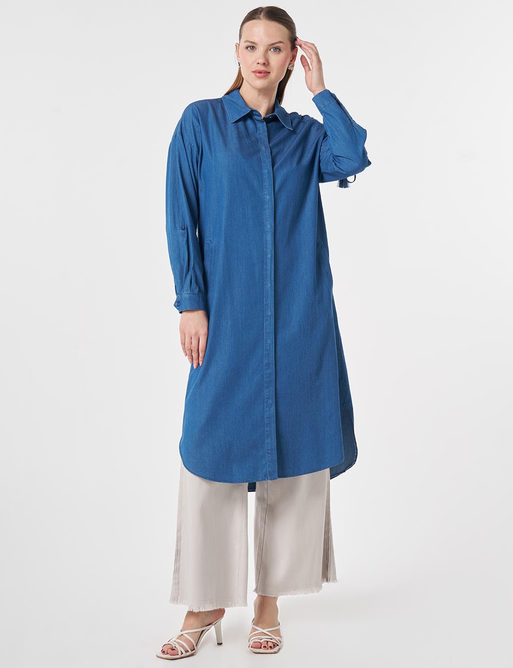 Bağcık Detaylı Denim Tunik İndigo