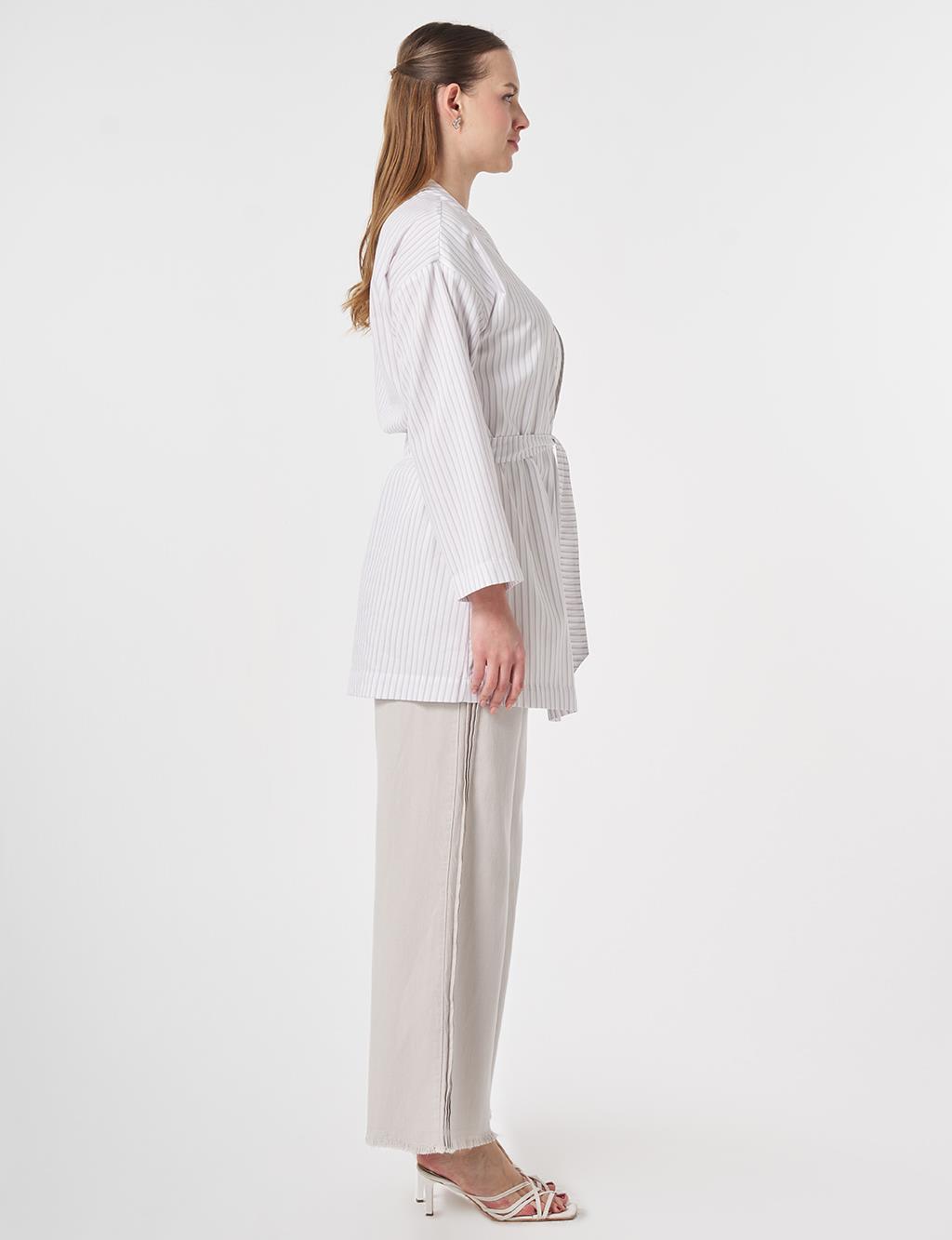 Striped Pattern Belted Kimono Lilac