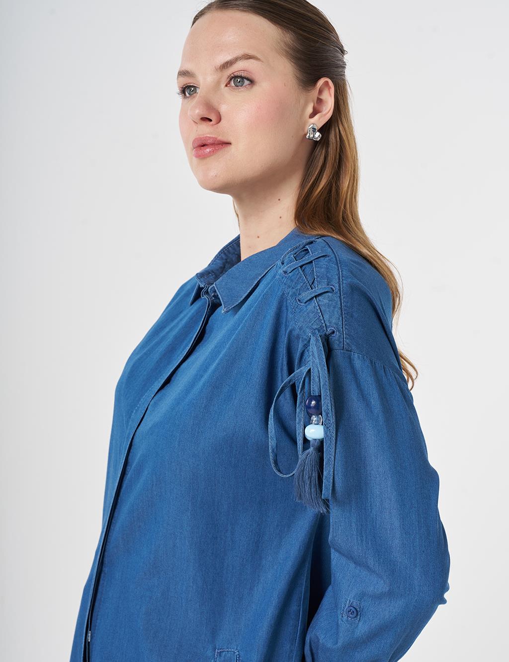Bağcık Detaylı Denim Tunik İndigo