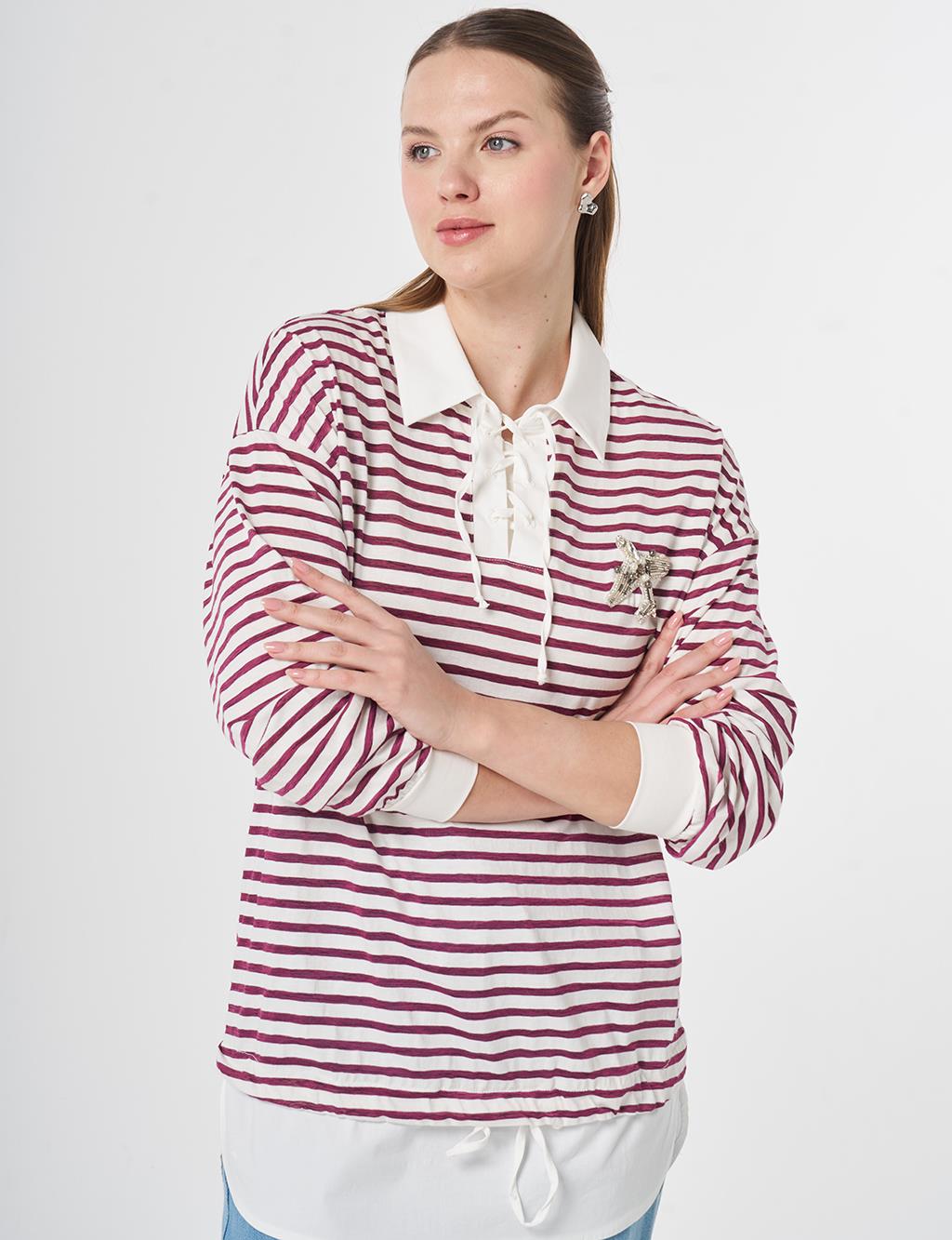 Shirt Detail Knit Sweatshirt Plum