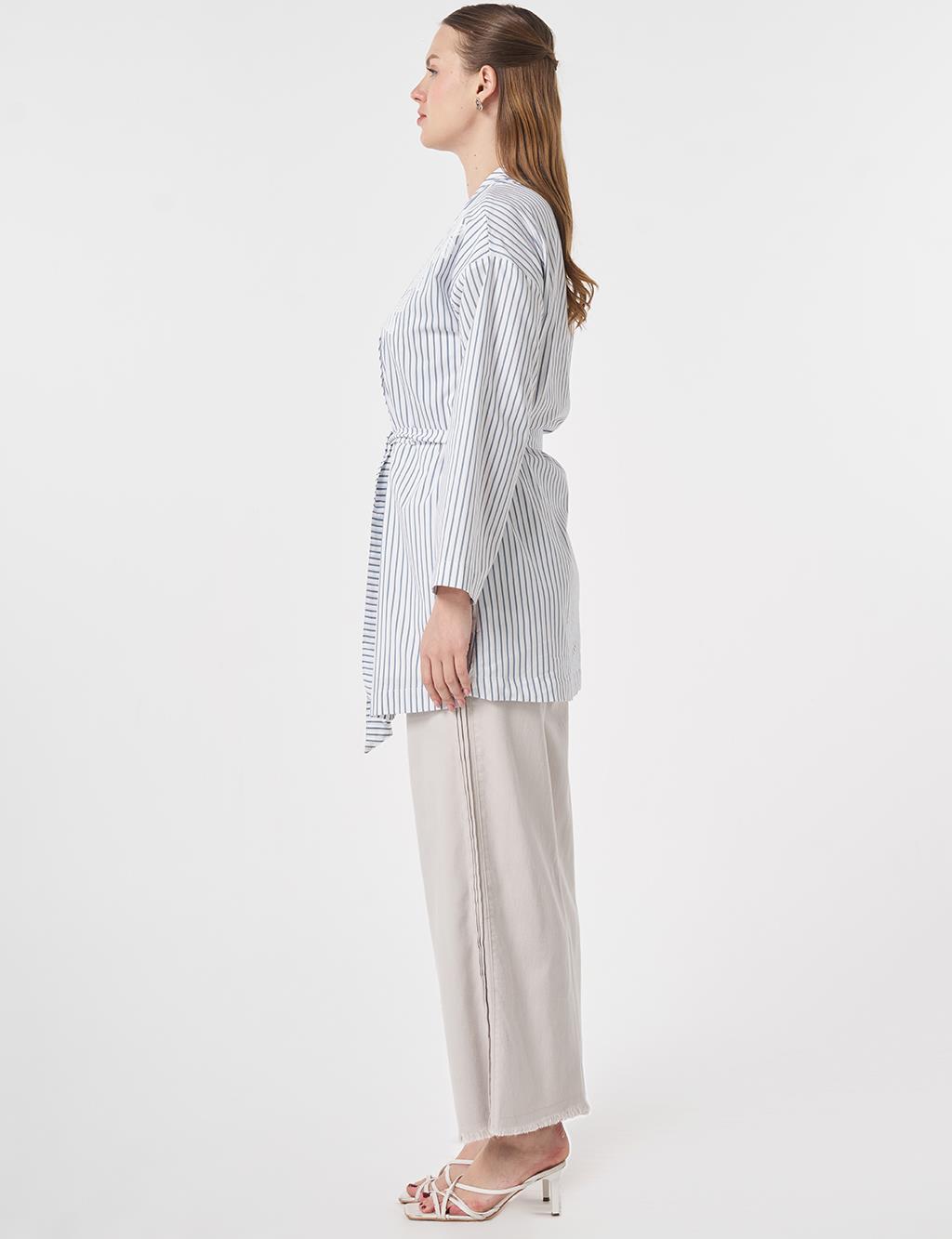Striped Pattern Belted Kimono Indigo