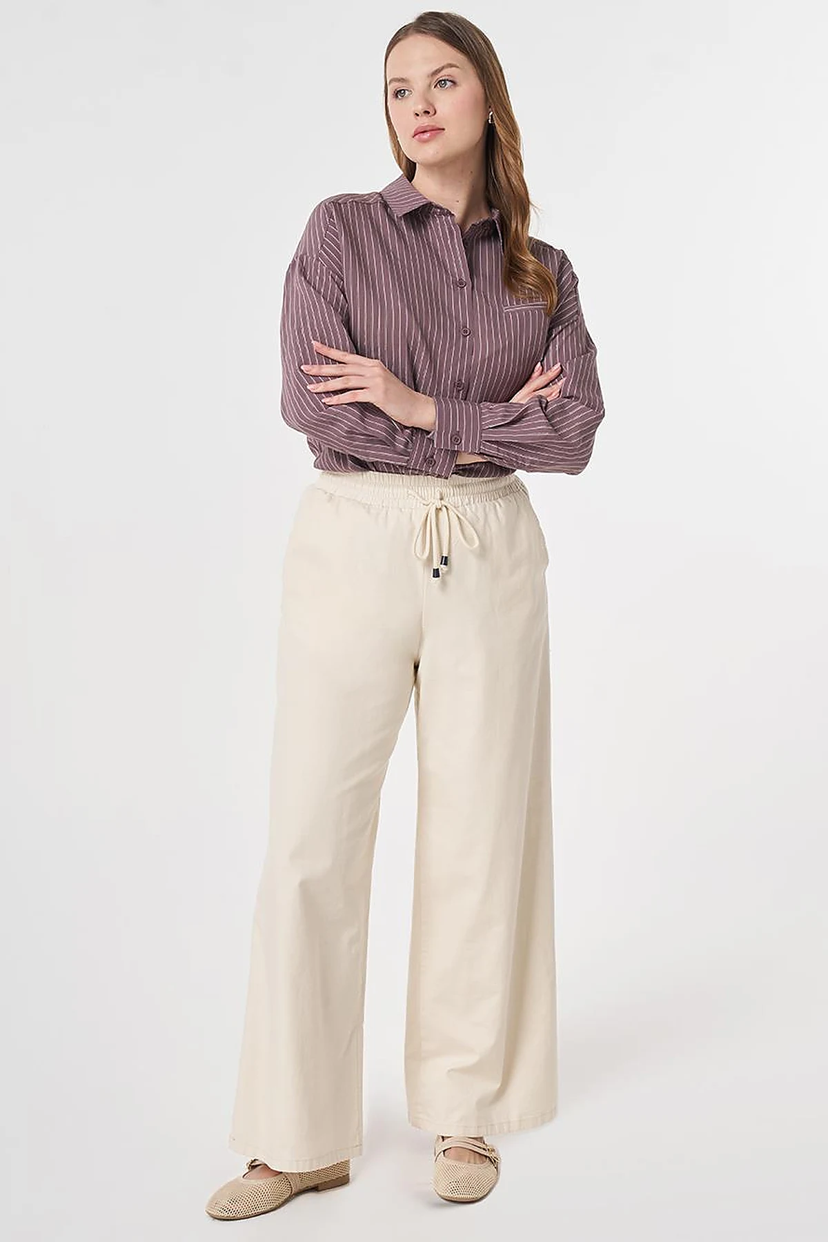 Elastic Waist Relaxed Fit Pants Cream