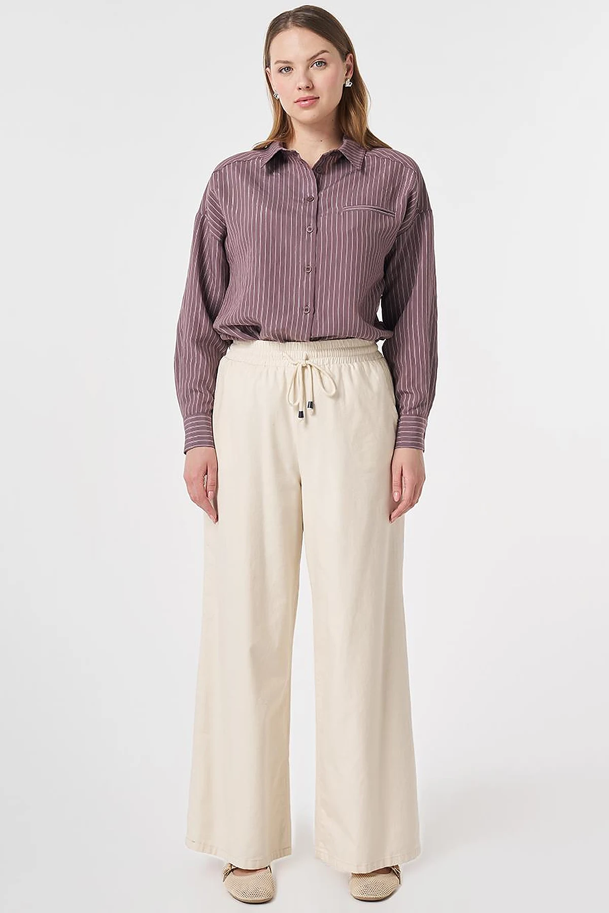 Elastic Waist Relaxed Fit Pants Cream