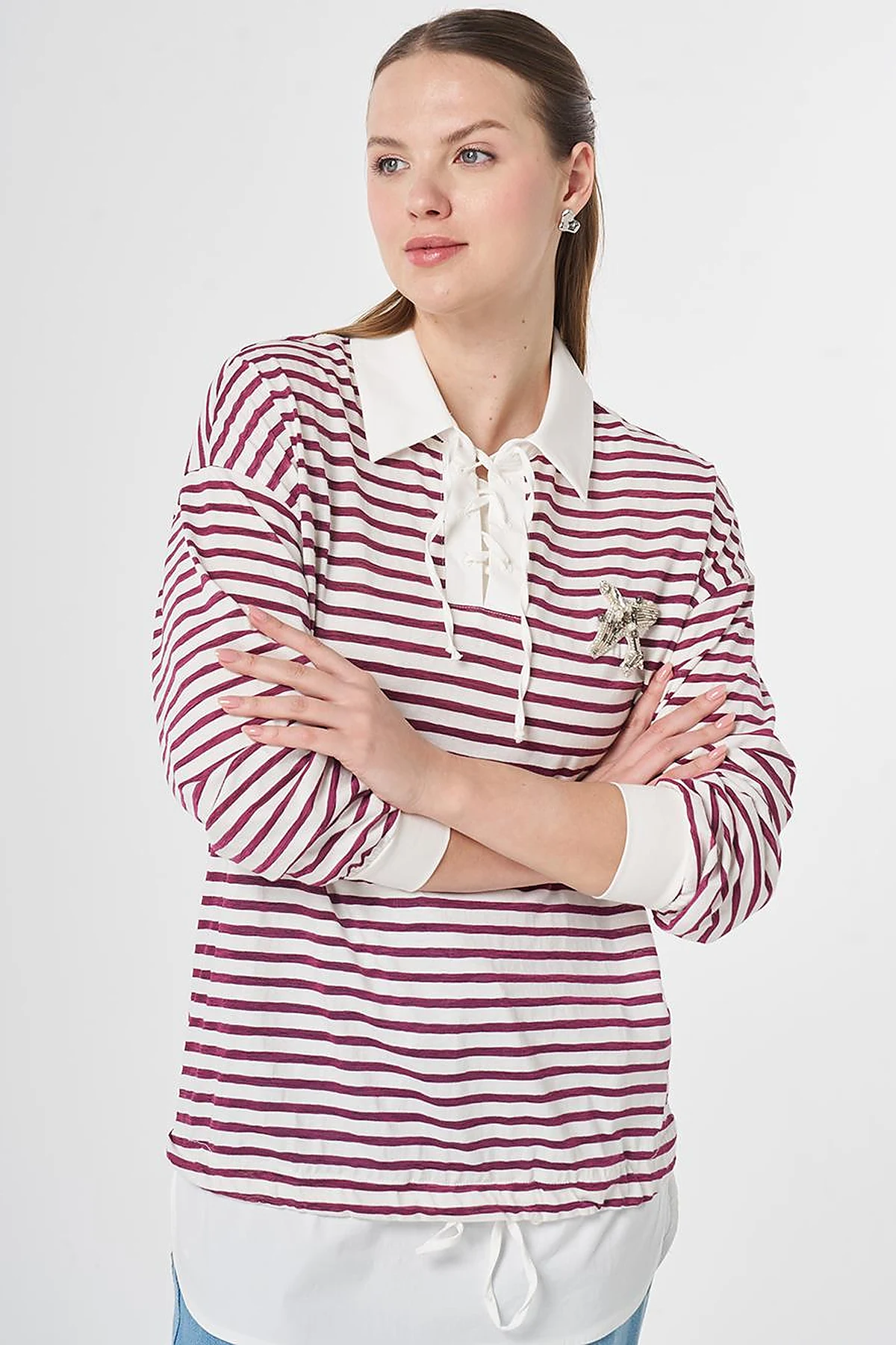 Shirt Detail Knit Sweatshirt Plum
