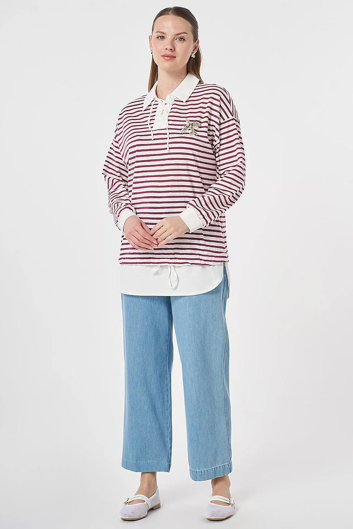 Shirt Detail Knit Sweatshirt Plum