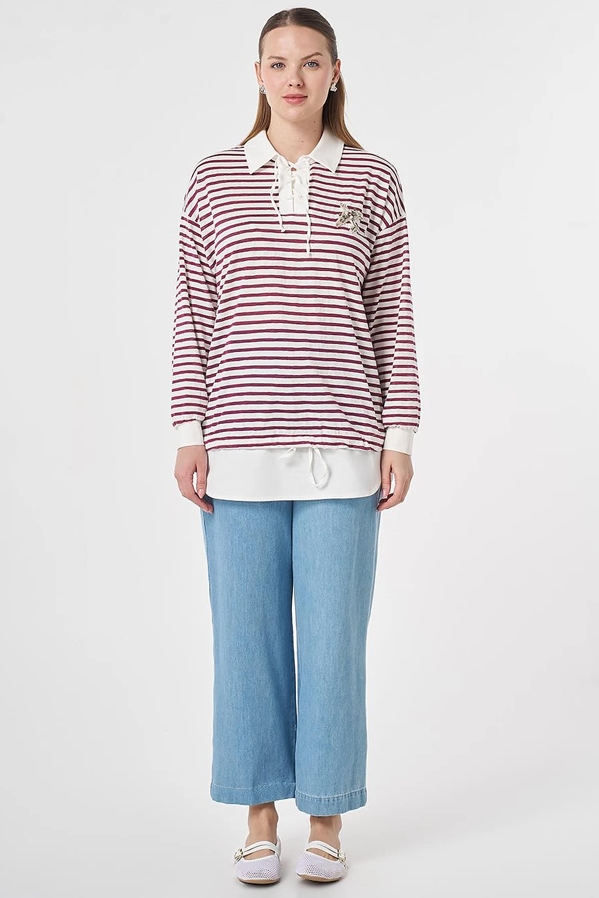 Shirt Detail Knit Sweatshirt Plum
