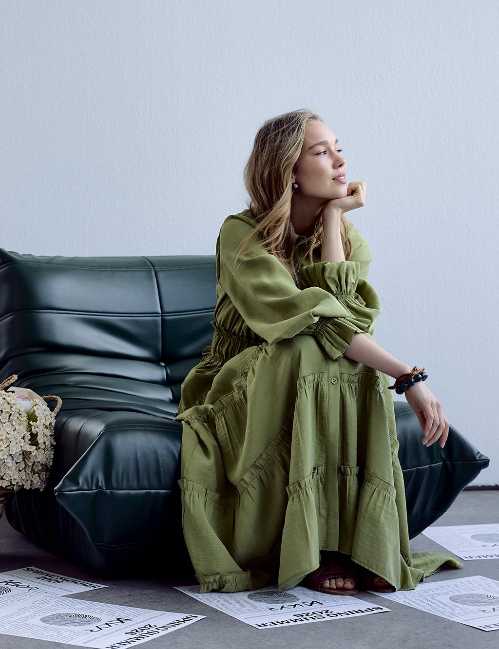 Ruffled Modal Dress Matcha Green