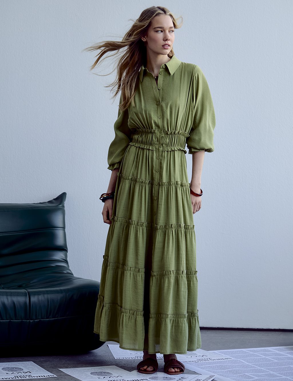 Ruffled Modal Dress Matcha Green