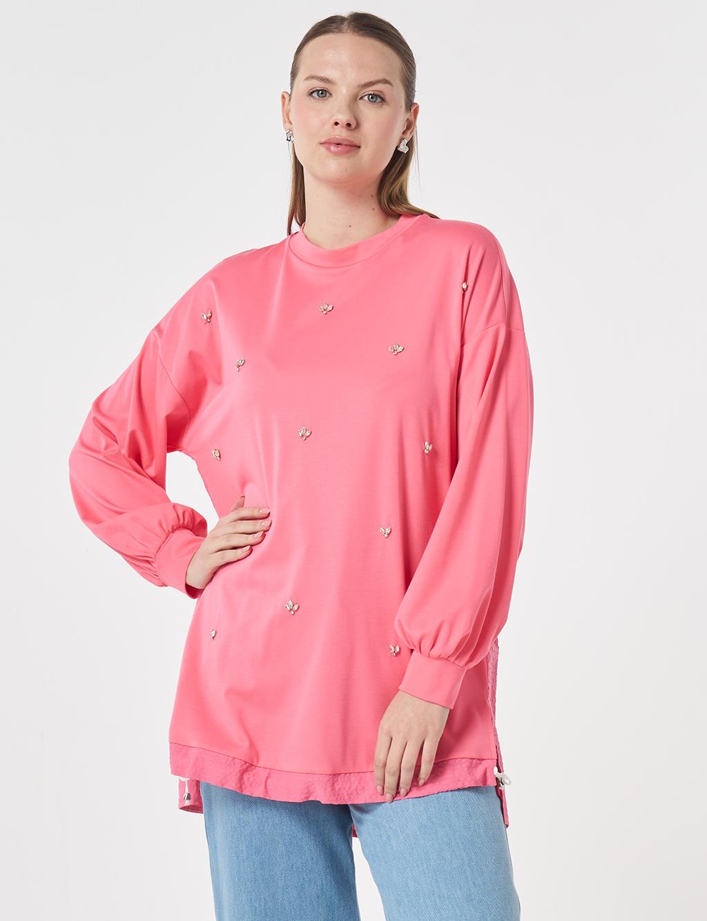 Stone-Embellished Rayon Tunic Fuchsia