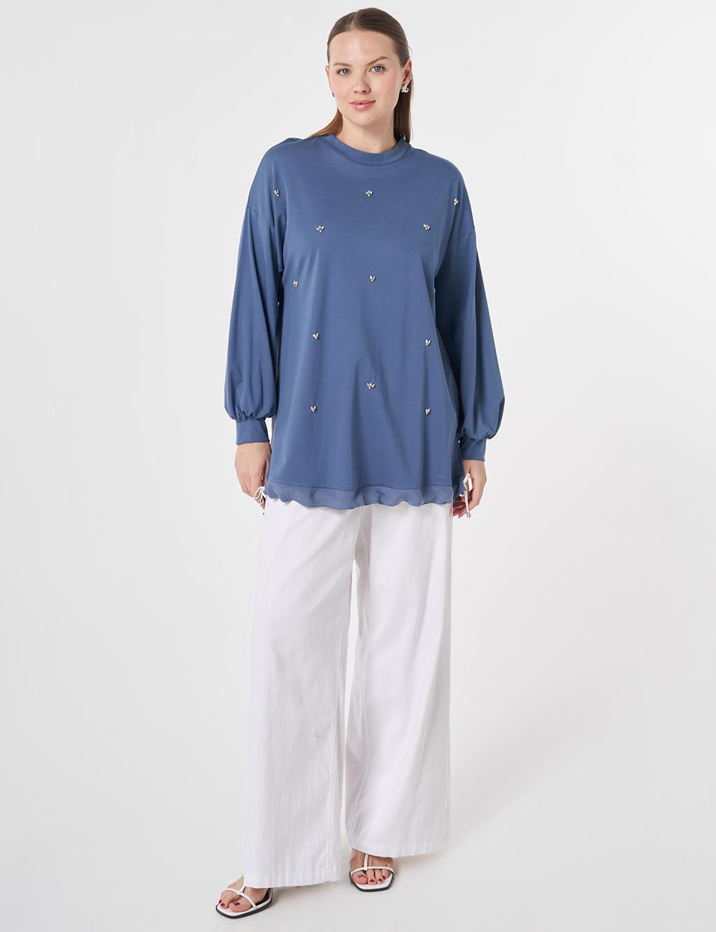 Stone-Embellished Rayon Tunic Indigo