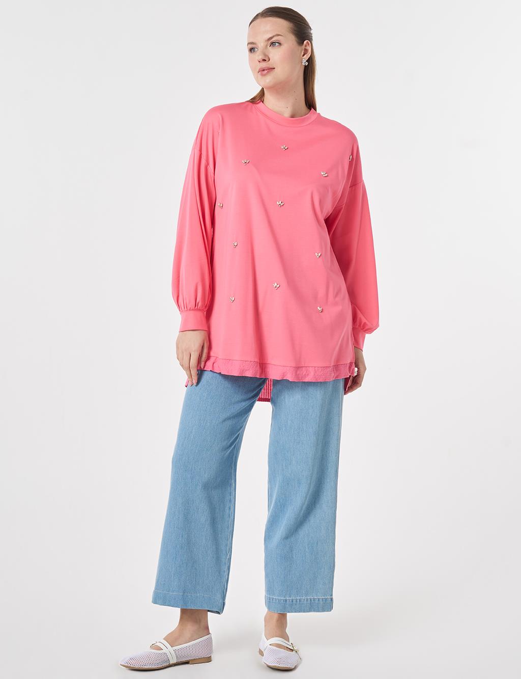 Stone-Embellished Rayon Tunic Fuchsia