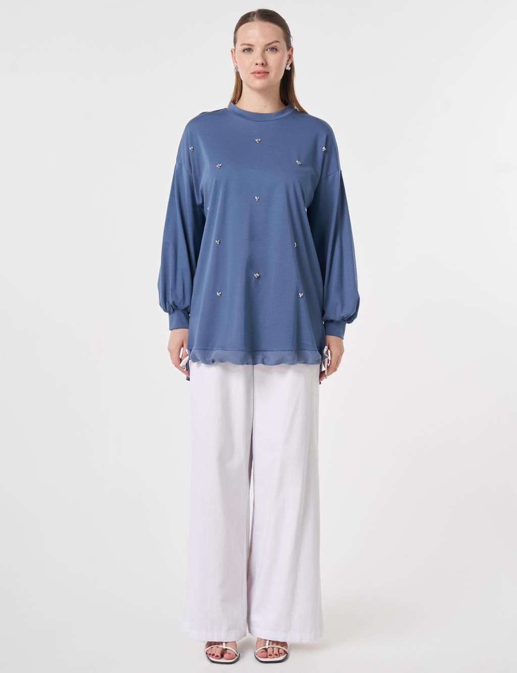 Stone-Embellished Rayon Tunic Indigo