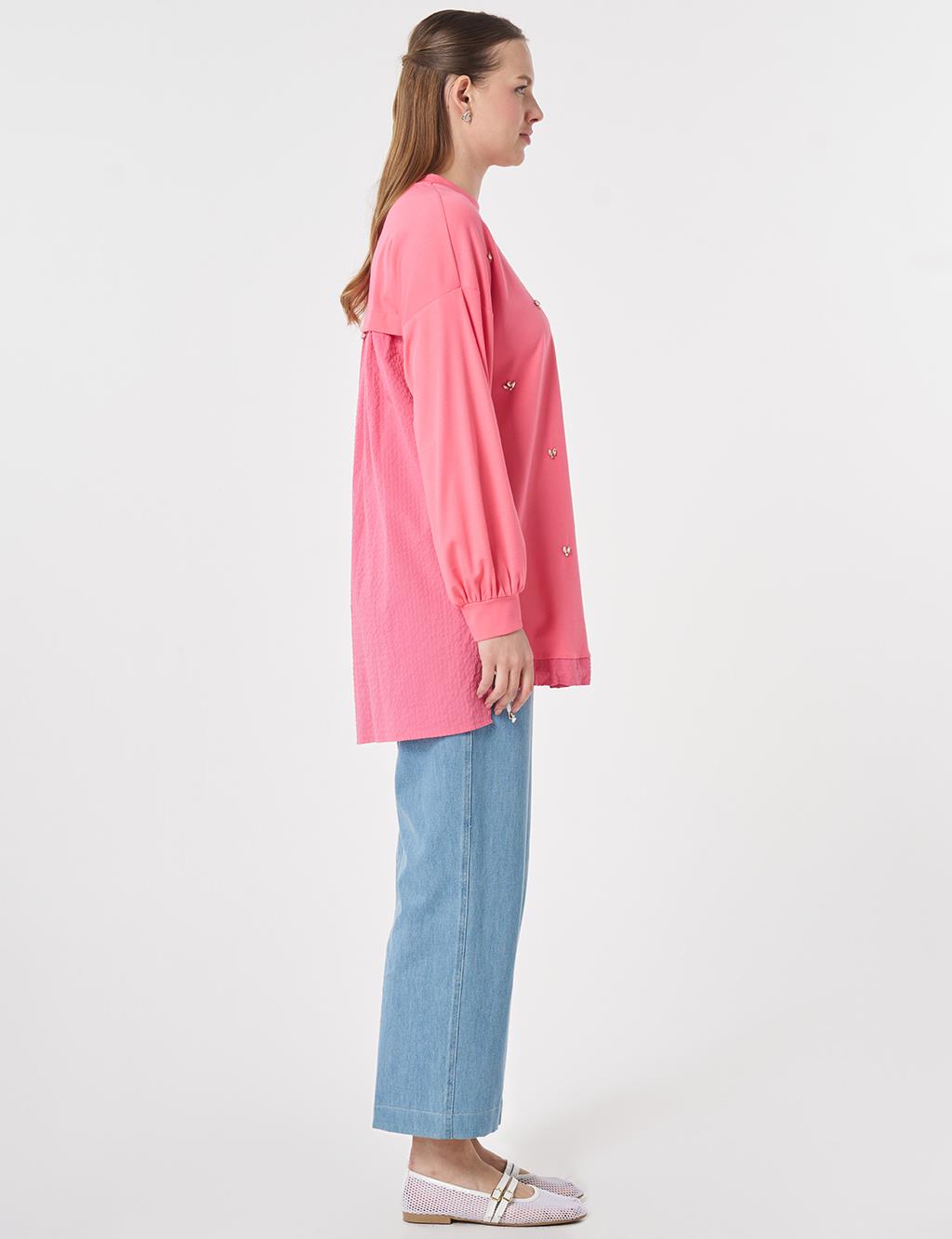 Stone-Embellished Rayon Tunic Fuchsia