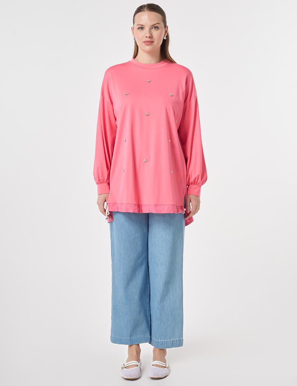 Stone-Embellished Rayon Tunic Fuchsia