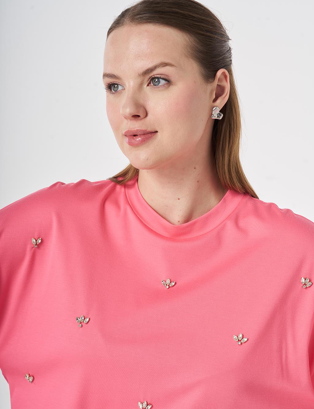 Stone-Embellished Rayon Tunic Fuchsia