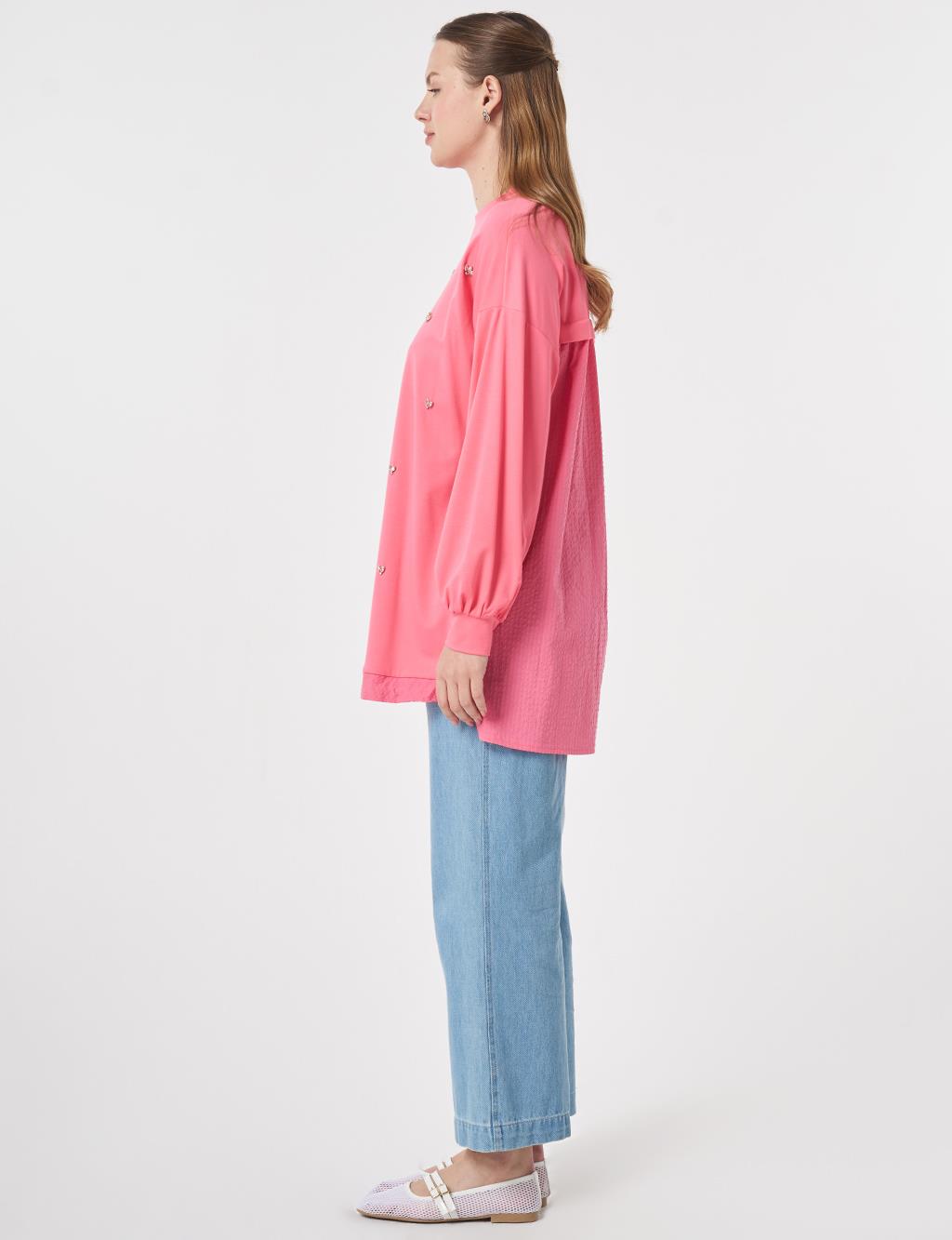Stone-Embellished Rayon Tunic Fuchsia
