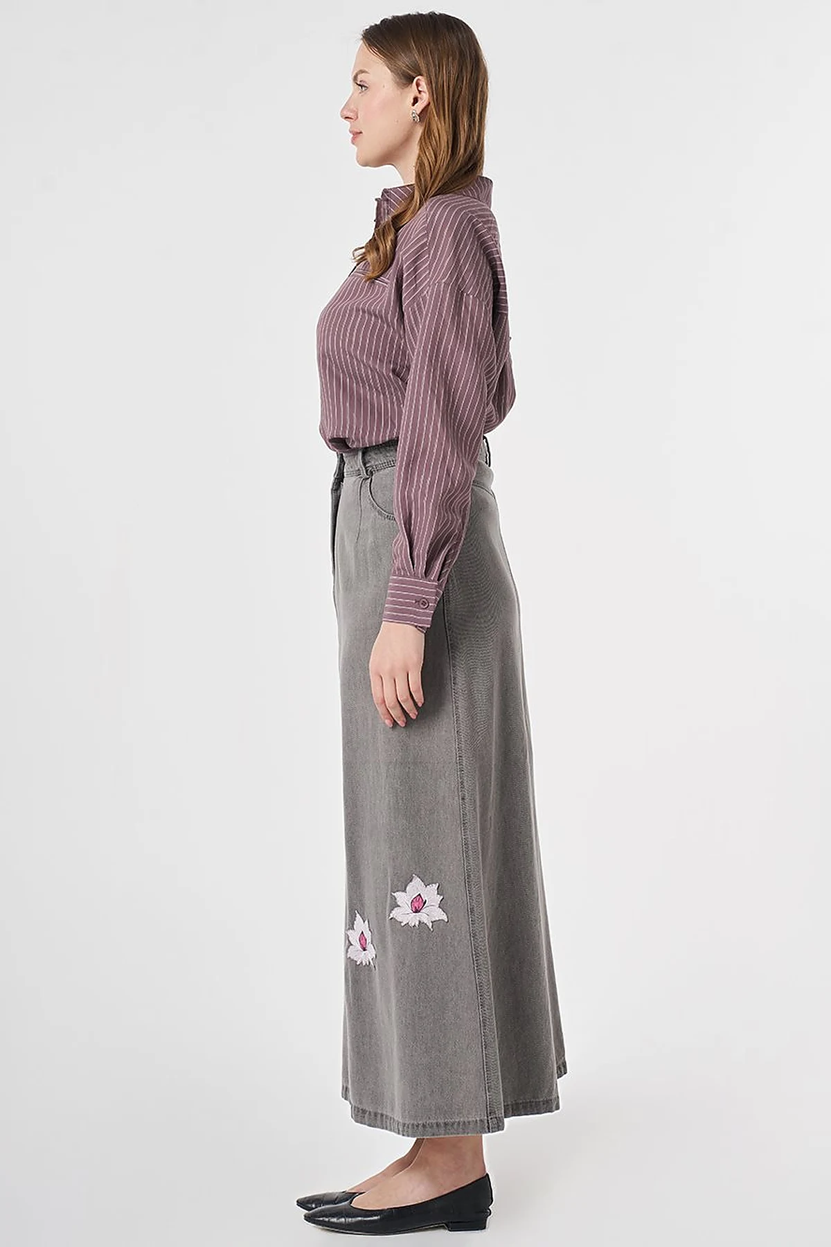 Flower Appliqué Denim Skirt Anthracite