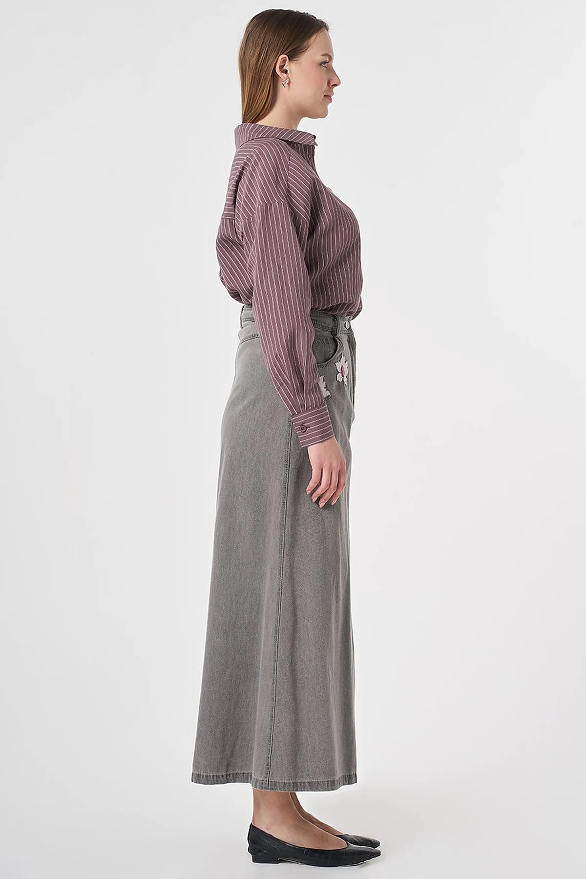 Flower Appliqué Denim Skirt Anthracite